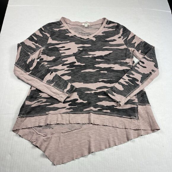 Dylan V-Neck Thermal Shirt Camouflage Asymmetric Raw Hem Streetwear Top SMALL - Picture 1 of 10